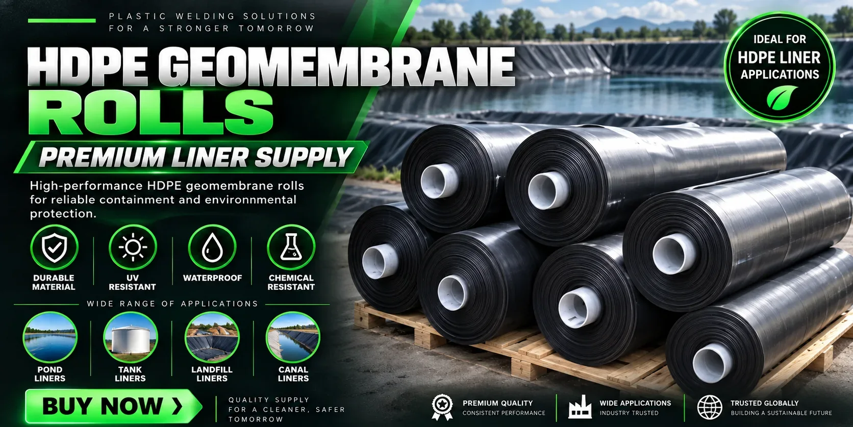 HDPE geomembrane rolls product sheet from Geomembrane Welding Machine, Dubai showing pallets of liner with pond, tank, landfill and canal liner applications