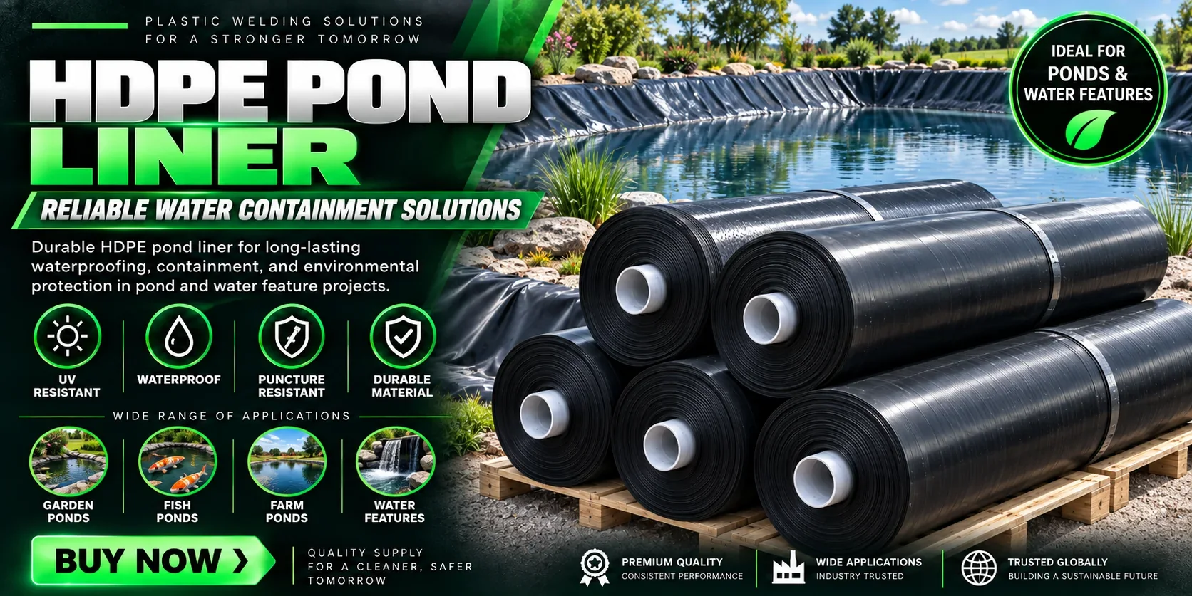 HDPE pond liner product sheet from Geomembrane Welding Machine, Dubai showing rolls beside a lined pond, with garden pond, fish pond, farm pond and water feature applications and 