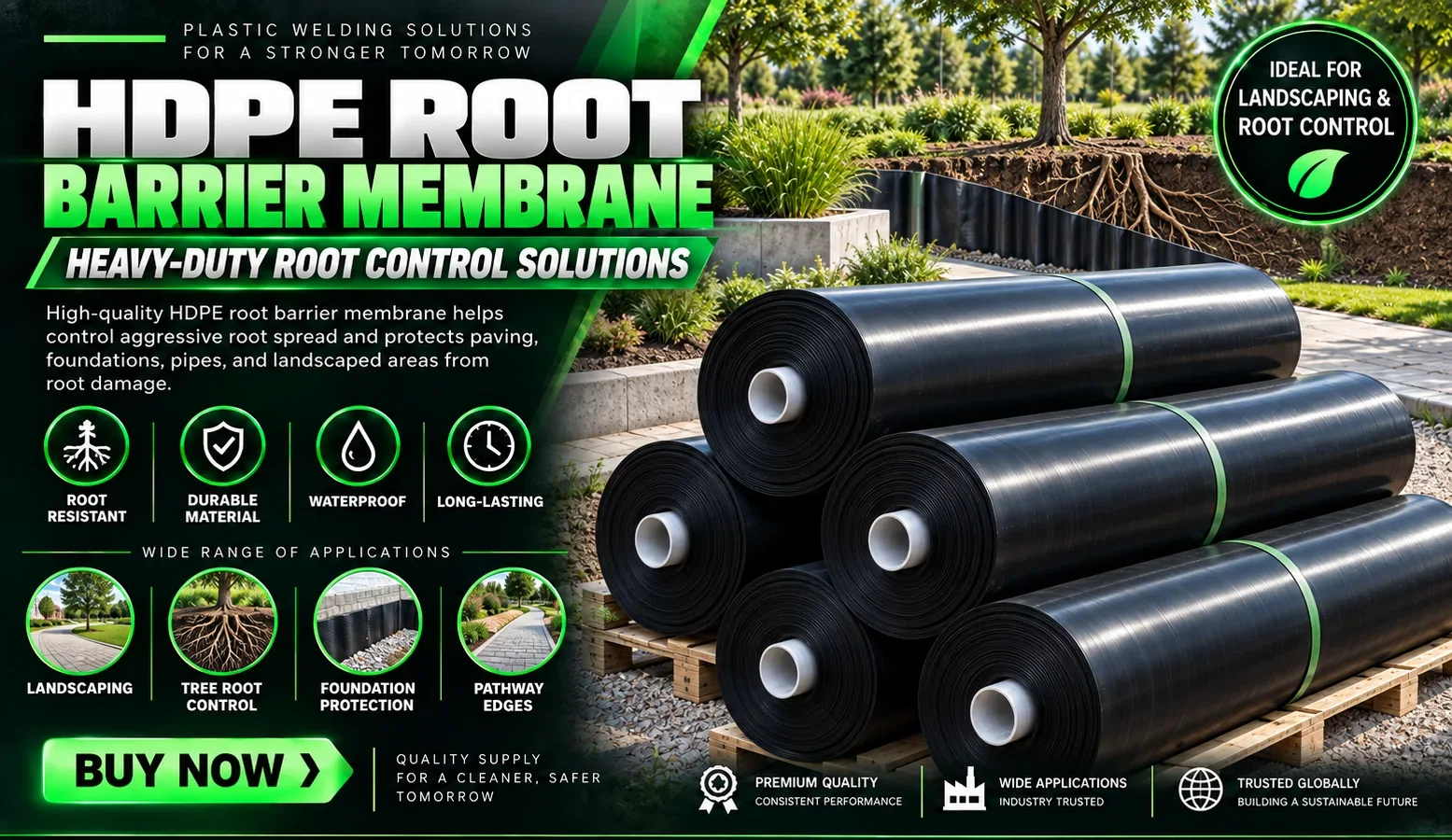 HDPE root barrier membrane product sheet from Geomembrane Welding Machine, Dubai showing rolls on a pallet with landscaping, tree root control, foundation protection and pathway edge applications