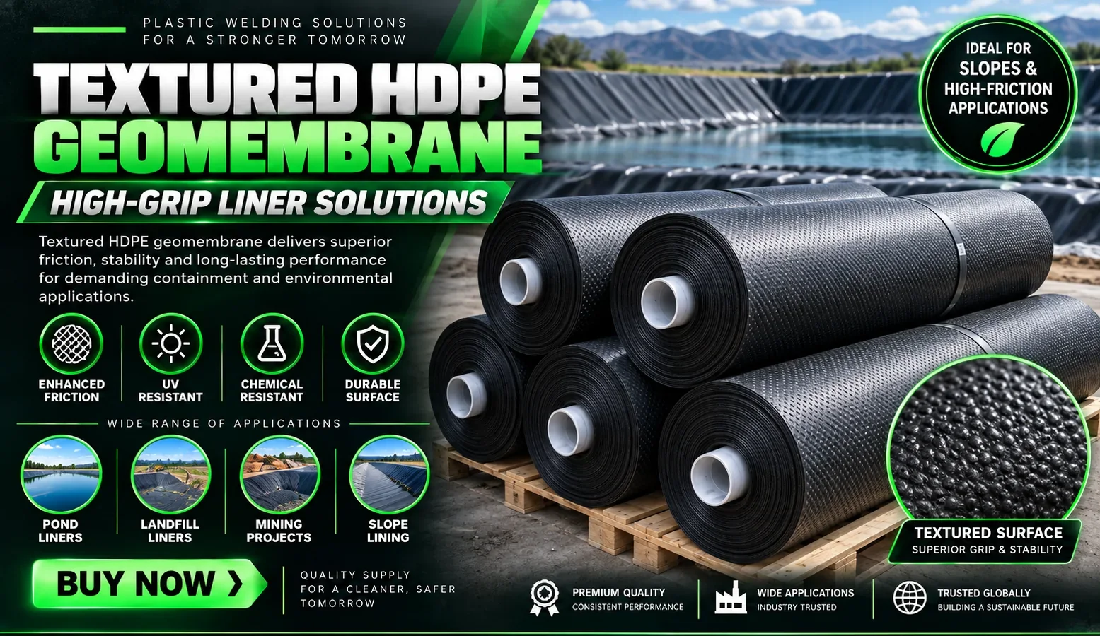 Textured HDPE geomembrane product sheet from Geomembrane Welding Machine, Dubai showing rolls with a textured surface close up, pond, landfill, mining and slope lining applications