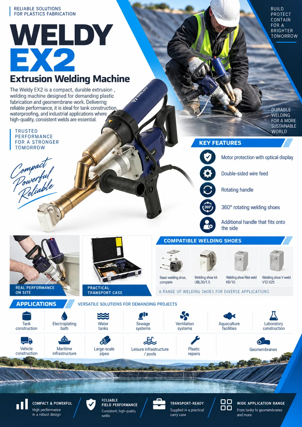 Weldy booster EX2 extrusion welder datasheet showing the machine in use, key features, compatible welding shoes and applications, supplied from Dubai