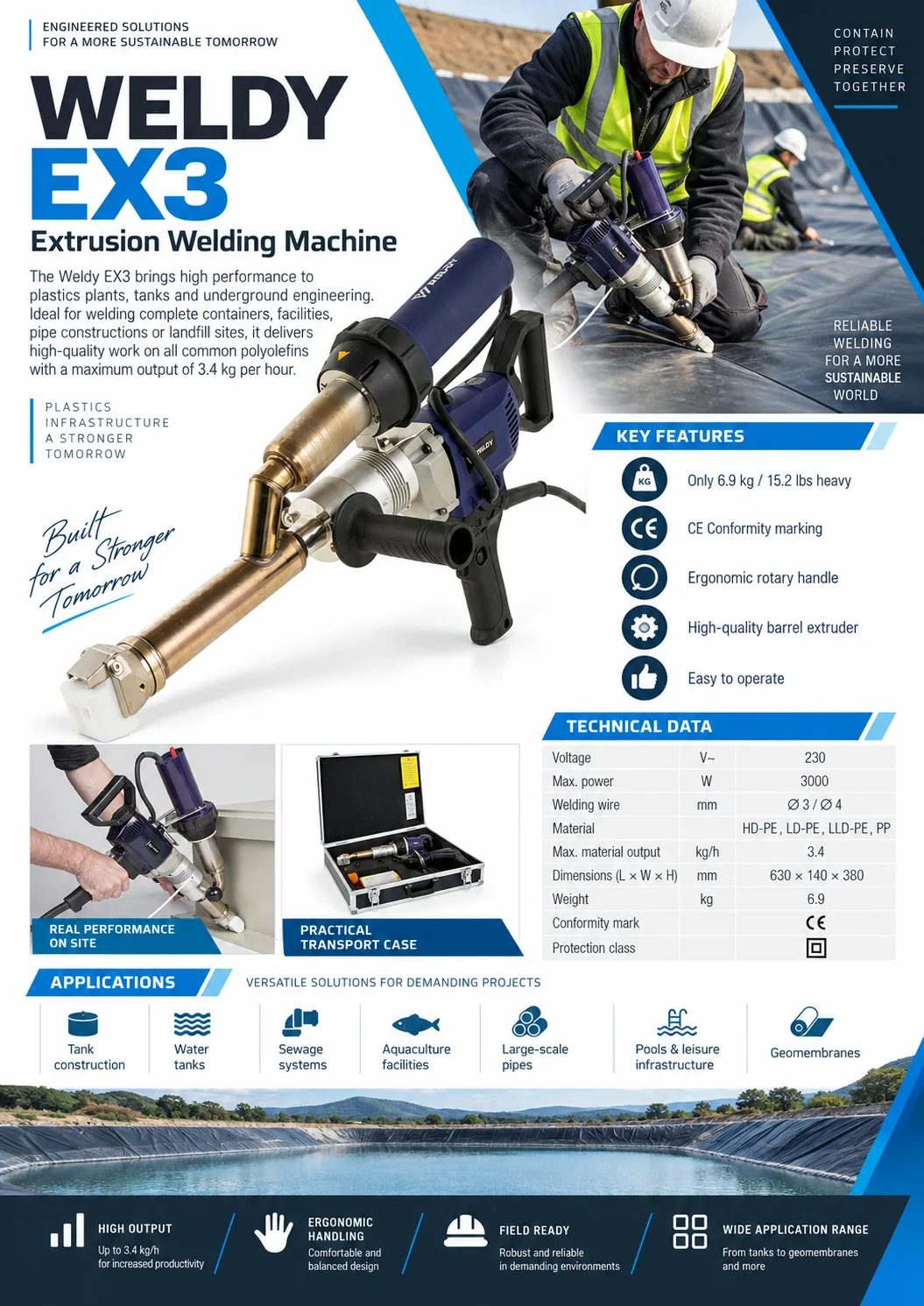 Weldy booster EX3 extrusion welder datasheet showing the machine, technical data table, transport case and applications, supplied from Dubai