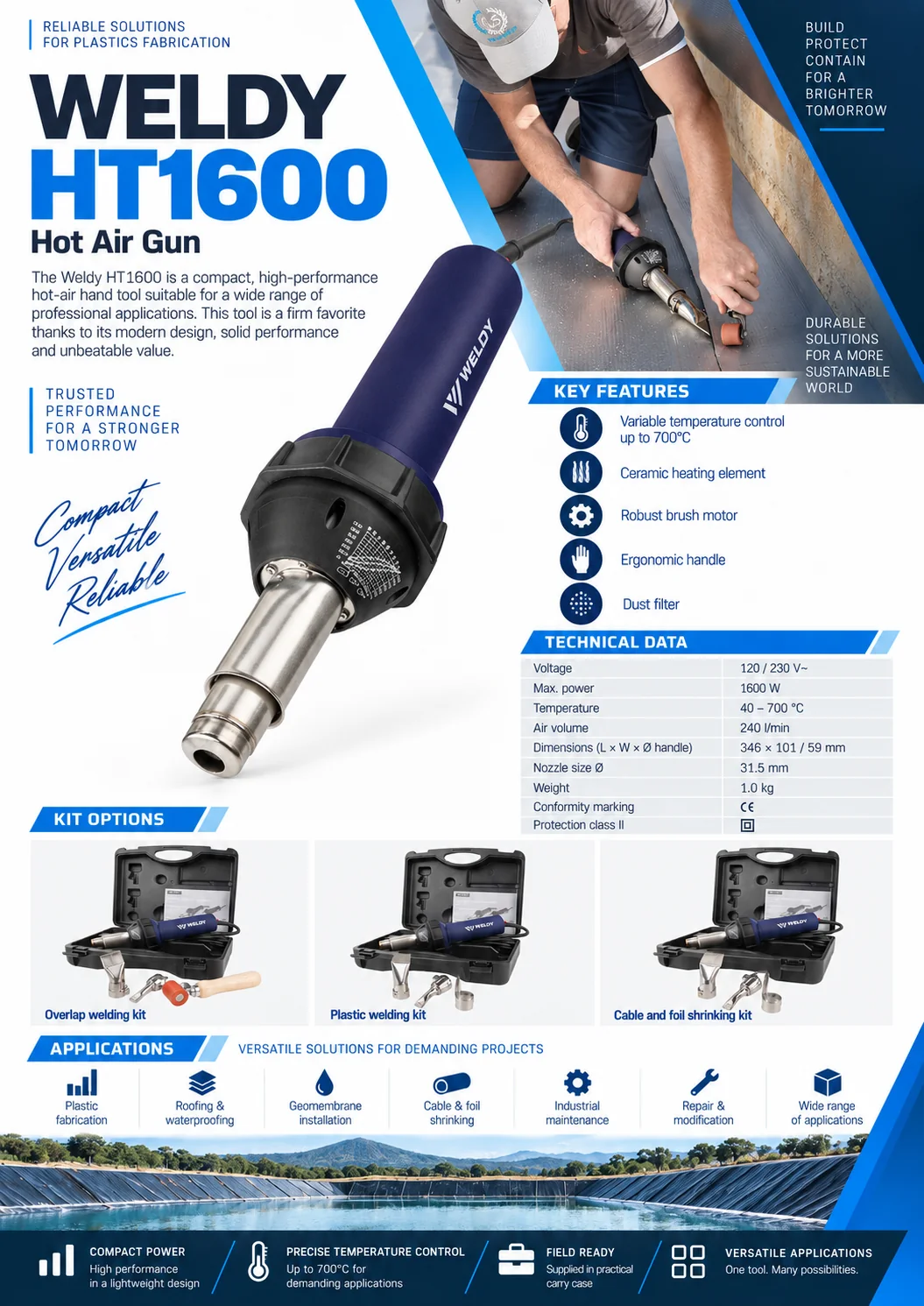 Weldy HT1600 hot air gun datasheet showing the tool, technical data, three kit options and applications, supplied from Dubai