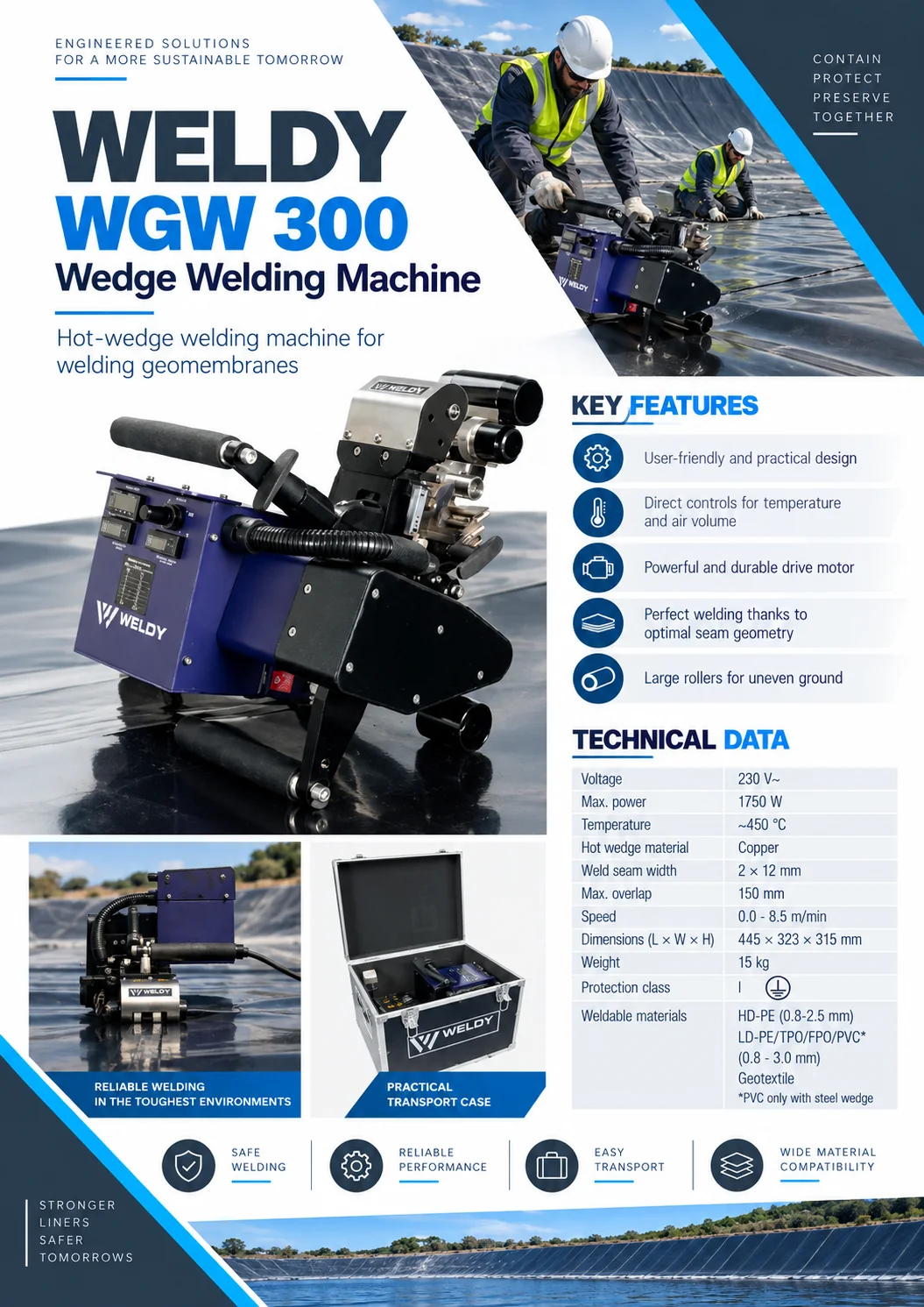 Weldy WGW 300 wedge welding machine datasheet showing the machine, key features, technical data table and weldable materials, supplied from Dubai