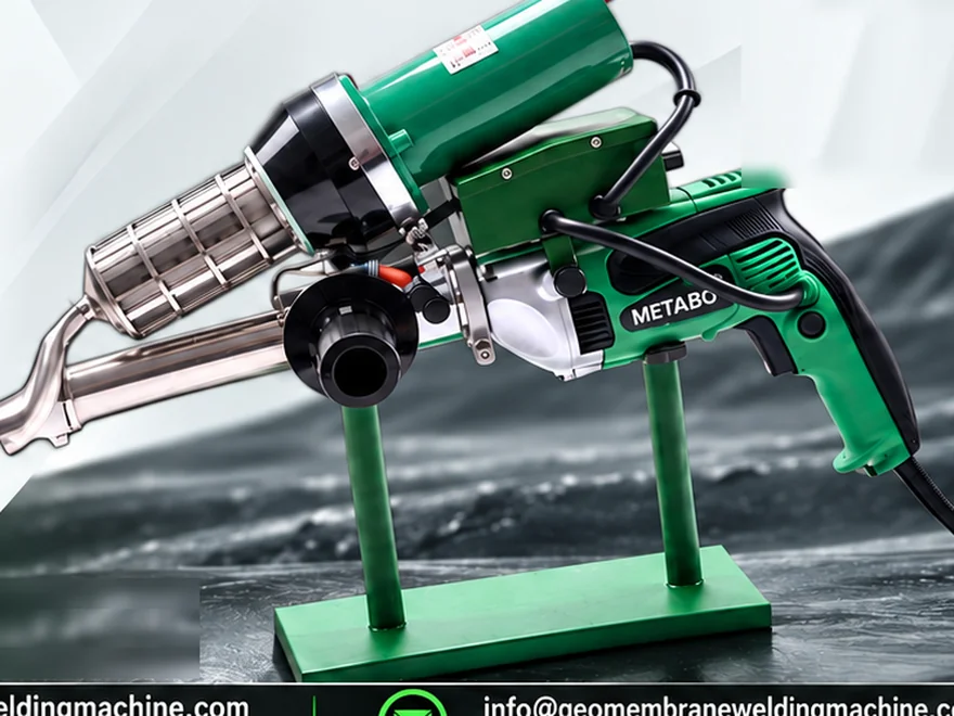 Hand held HDPE extrusion welding machine with welding rod feed laying a fillet bead along a liner patch