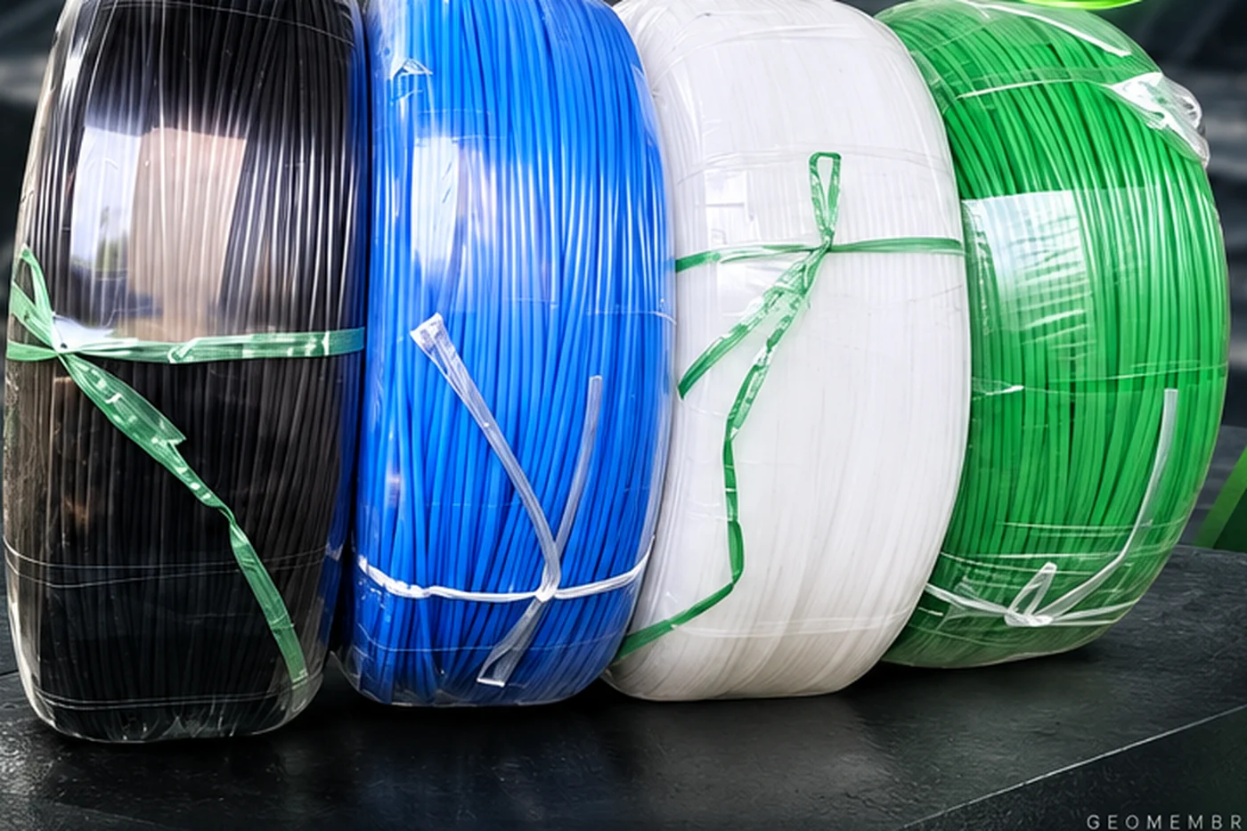 Four wrapped coils of 4 mm plastic welding rod in black, blue, white and green, stacked on a bench for geomembrane extrusion welding