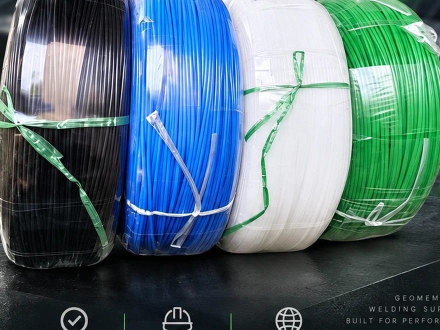 Wrapped coils of 4 mm plastic welding rod in black, blue, white and green for geomembrane welding
