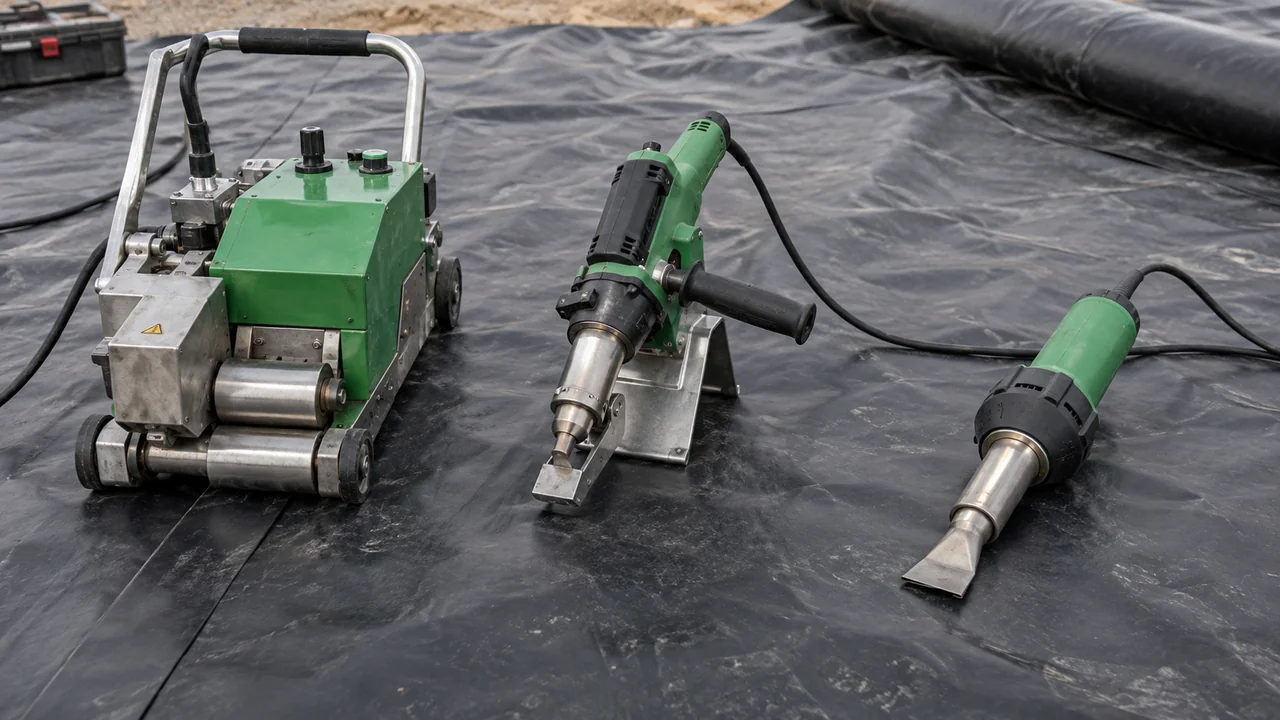 Wedge welder, hand extrusion welder and hot air gun set out together on a geomembrane liner for comparison