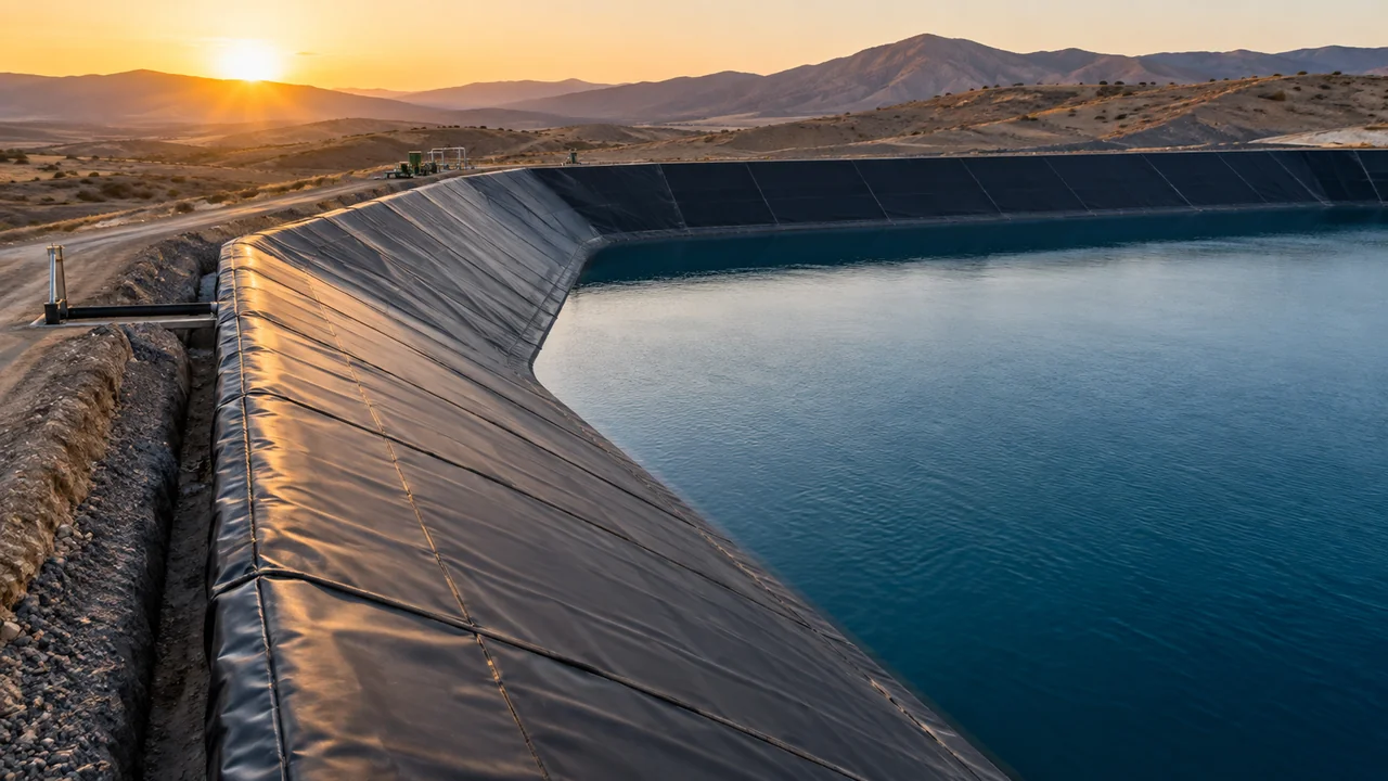 Large water reservoir lined with black HDPE geomembrane showing welded panel seams running down the batter slope