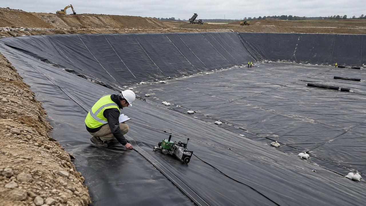 Landfill cell lined with black HDPE geomembrane showing welded panel seams and a CQA engineer recording seam numbers