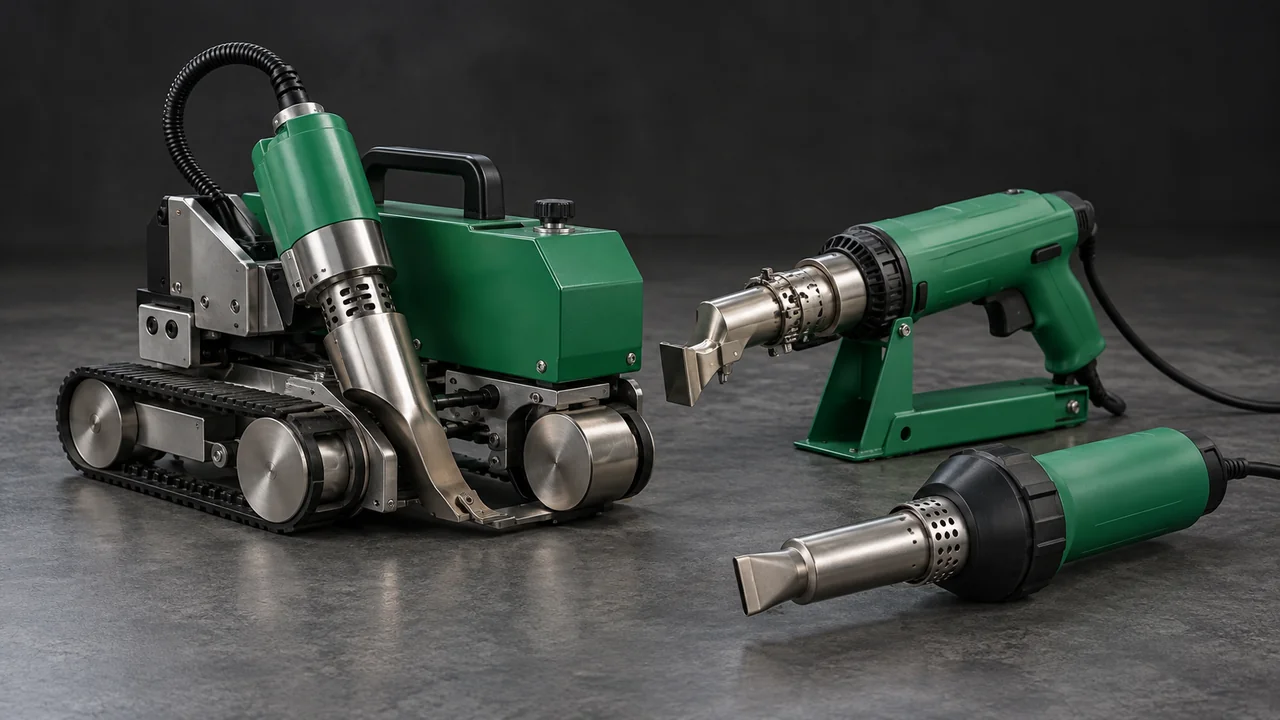 Three plastic welding machine types arranged together: automatic wedge welder, hand extrusion welder and hot air gun