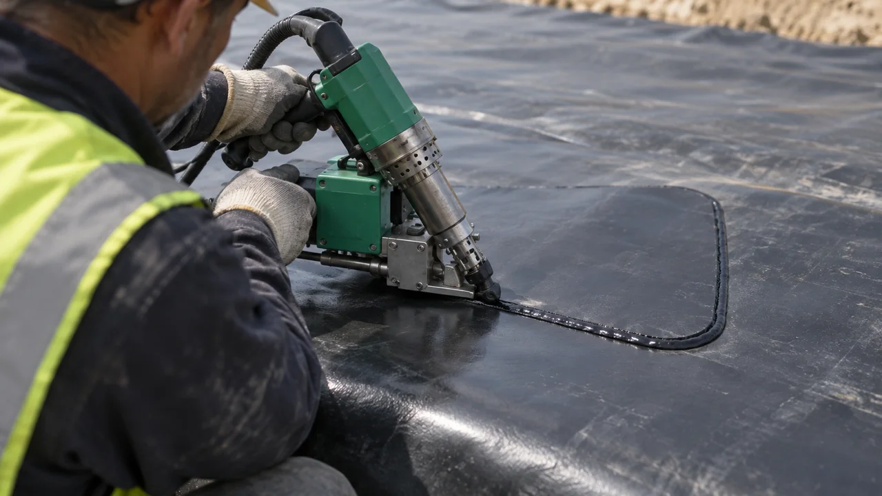 Operator running a hand extrusion welding machine along the edge of a geomembrane patch with the preheat nozzle leading the weld shoe