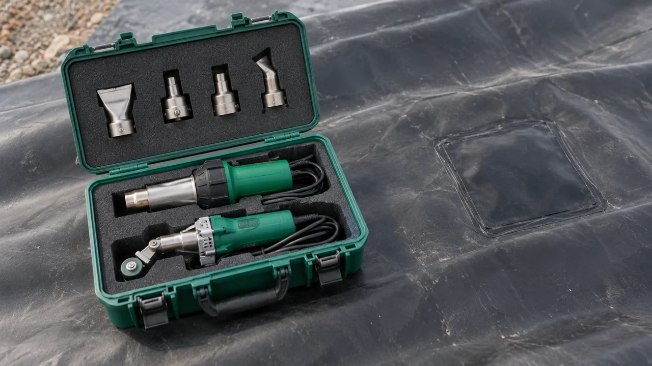 Green hot air welding gun and a hand welding tool with roller attachment in a moulded carry case, four stainless nozzles in the lid, on black geomembrane