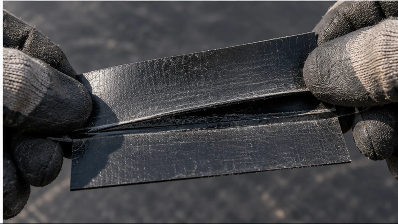 Peel test coupon cut from a geomembrane seam showing separation at the weld interface rather than tearing in the parent sheet
