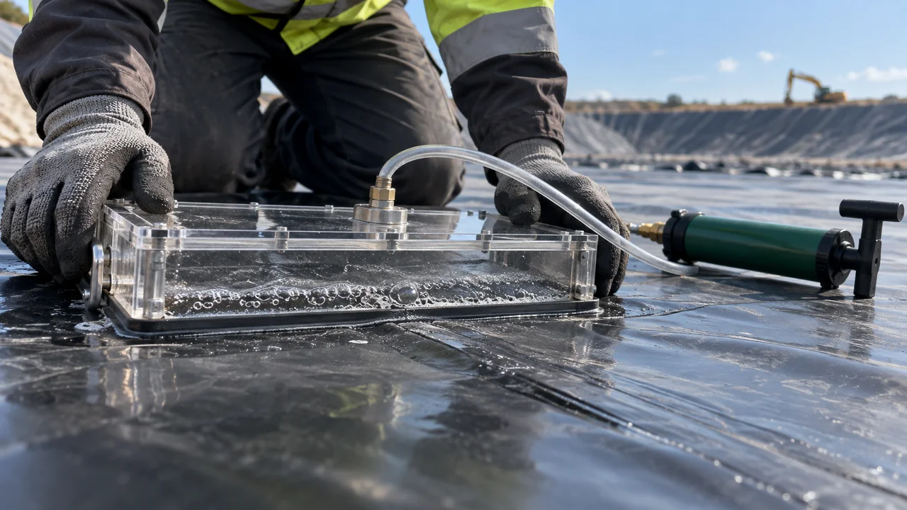 Vacuum box positioned over a soaped extrusion seam on black geomembrane during non-destructive leak testing