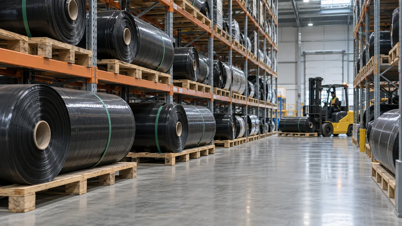 Rolls of HDPE geomembrane in a distribution warehouse being prepared for despatch against a purchase order