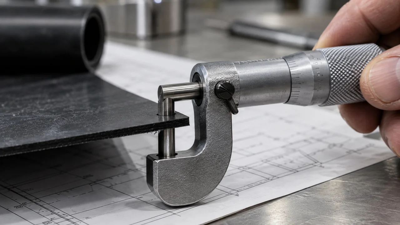 Micrometer gauge measuring the thickness of a black HDPE geomembrane sample against a specification sheet