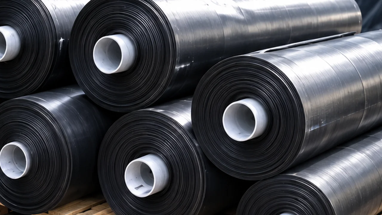 Rolls of black HDPE geomembrane stacked on pallets beside a lined reservoir, ready for delivery to UAE lining projects