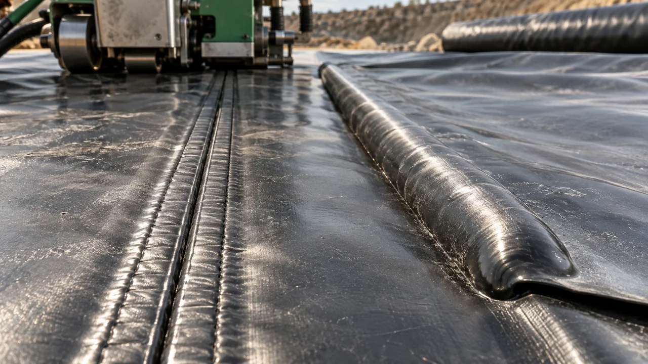 Side by side comparison of a dual track hot wedge seam and an extrusion fillet bead on HDPE geomembrane