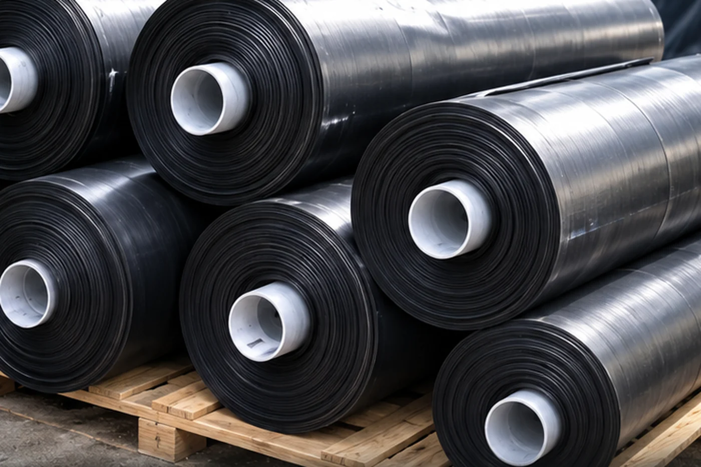 Rolls of black HDPE geomembrane stacked on pallets beside a lined reservoir, showing the smooth sheet surface and white core tubes