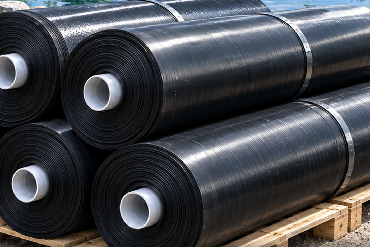 Rolls of black HDPE pond liner stacked on a pallet beside a lined pond with clear water and planted margins