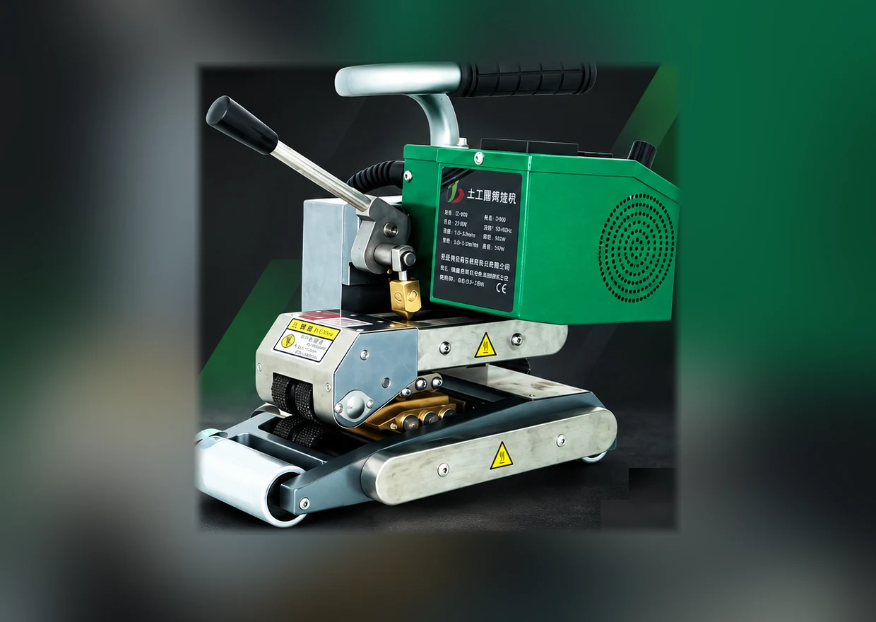 Automatic hot wedge welding machine running a dual track seam along overlapping black HDPE geomembrane sheets