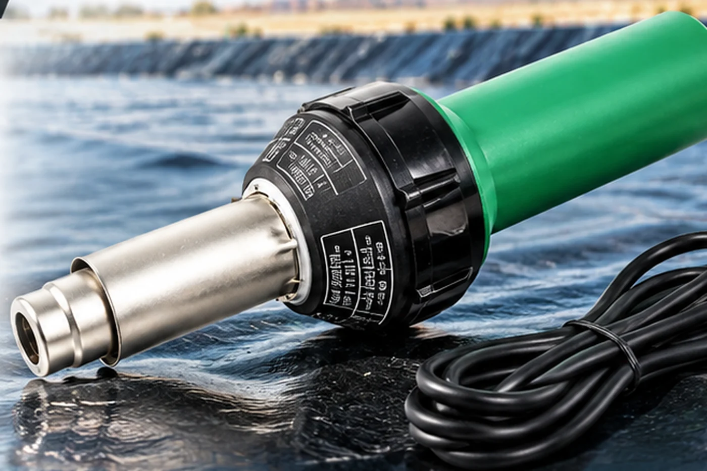 IZ-1600 hot air gun resting on black HDPE geomembrane beside a lined reservoir, showing the stainless nozzle, temperature control collar and green body