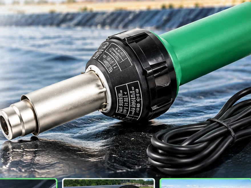 Hot air welding gun with a flat nozzle tacking two sheets of geomembrane together before the main weld
