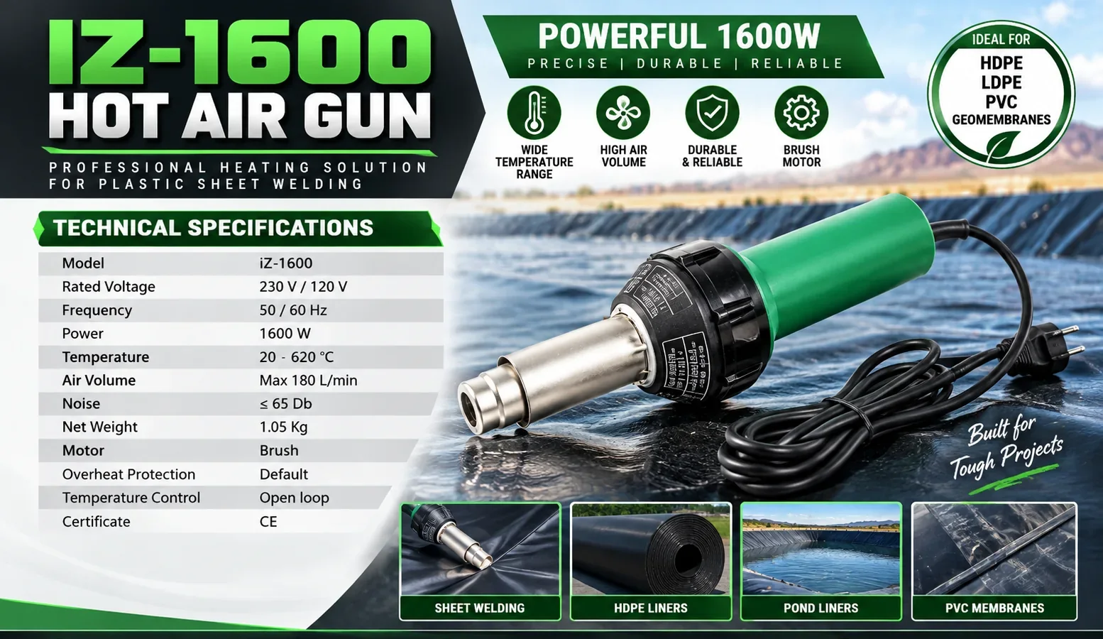 IZ-1600 hot air gun specification sheet from Geomembrane Welding Machine, Dubai listing 1600 W, 20 to 620 degrees C, 180 L/min air volume, 1.05 kg net weight and CE certification