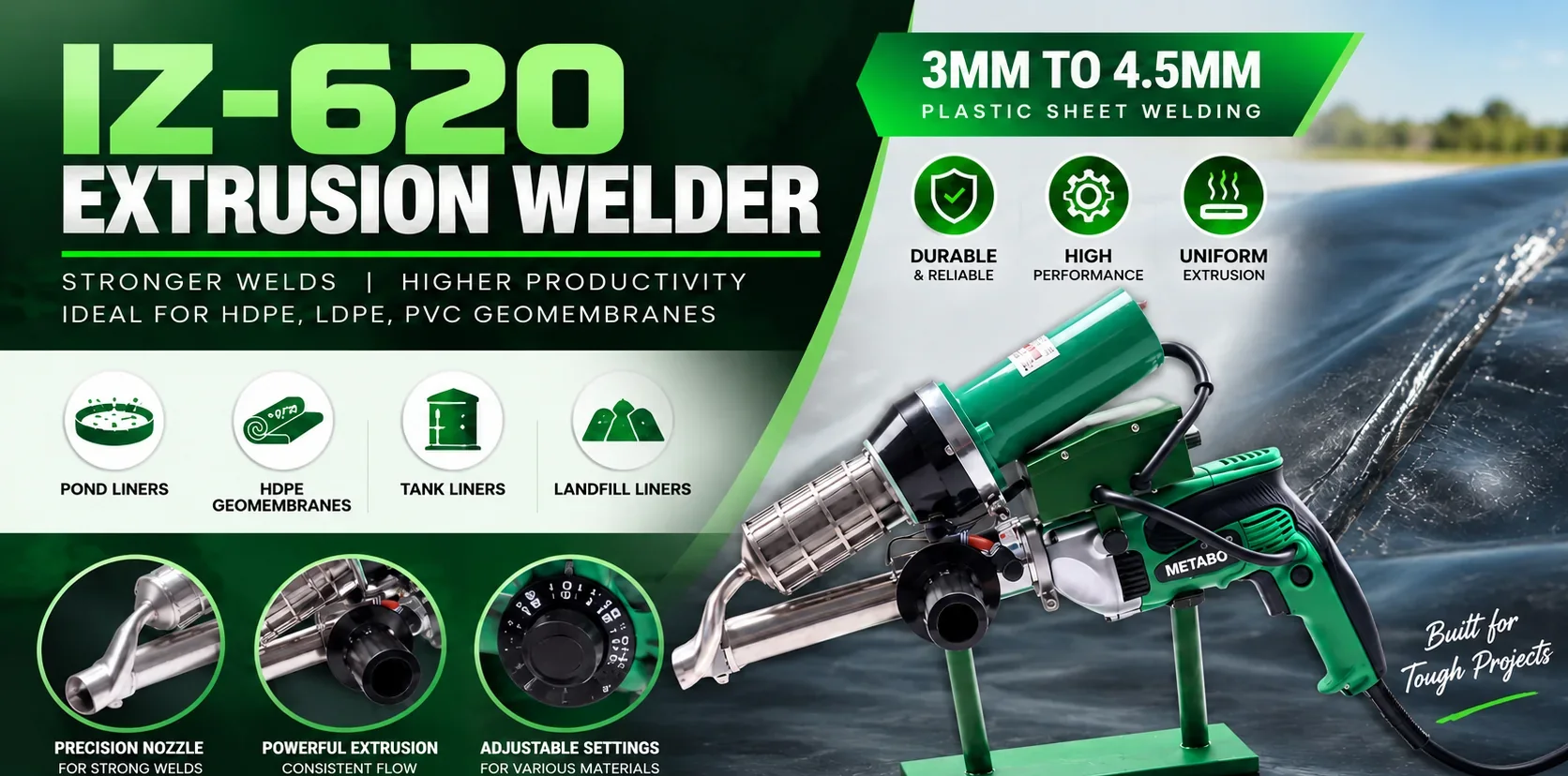 IZ-620 extrusion welder feature sheet showing the precision nozzle, extrusion barrel and adjustable temperature dial, with pond, geomembrane, tank and landfill liner applications and Dubai contact details