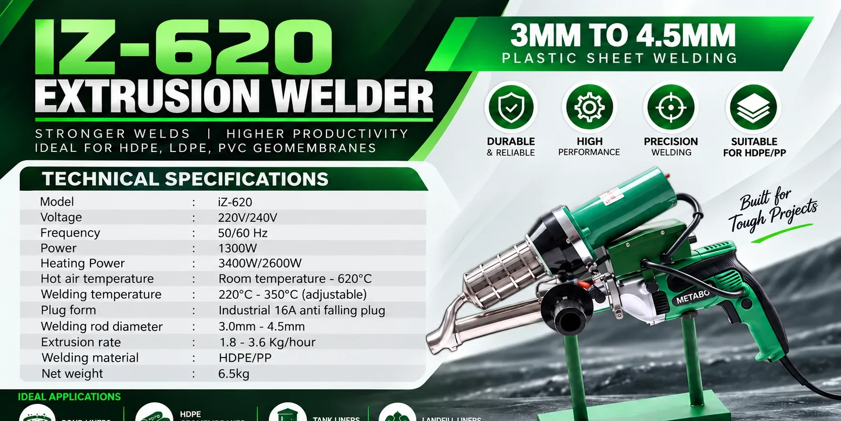 IZ-620 extrusion welder specification sheet from Geomembrane Welding Machine, Dubai listing a 1300W motor, 3400W heating, 220 to 350 degrees C welding temperature, 3.0 to 4.5 mm rod and 1.8 to 3.6 kg per hour extrusion rate