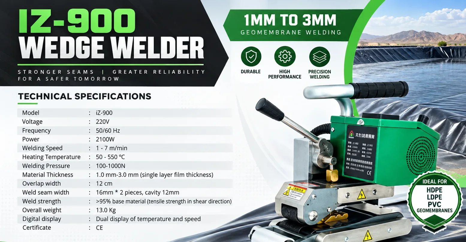IZ-900 wedge welder specification sheet from Geomembrane Welding Machine, Dubai listing 220V, 2100W, 1-7 m/min welding speed, 50-550 degrees C and 1.0 to 3.0 mm thickness
