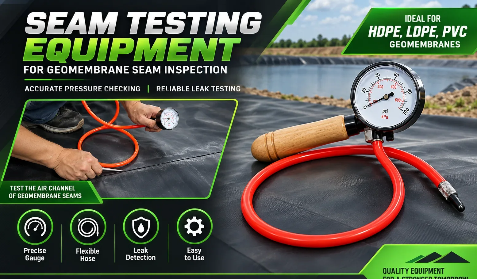 Geomembrane seam testing equipment product sheet from Geomembrane Welding Machine, Dubai showing the air pressure test kit with gauge, hose and needle in use on an HDPE liner seam, with