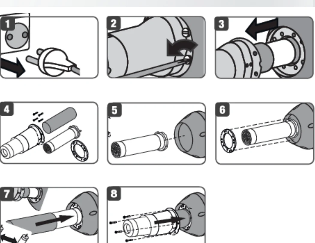 Eight step sequence for replacing the heating element in an IZ-1600 hot air gun, from unplugging the tool to refitting the retaining screws