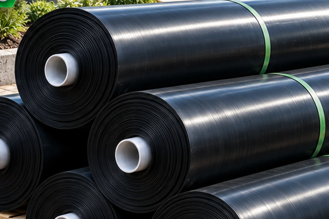 Rolls of black HDPE root barrier membrane stacked on a pallet in a landscaped garden with paving and mature planting behind