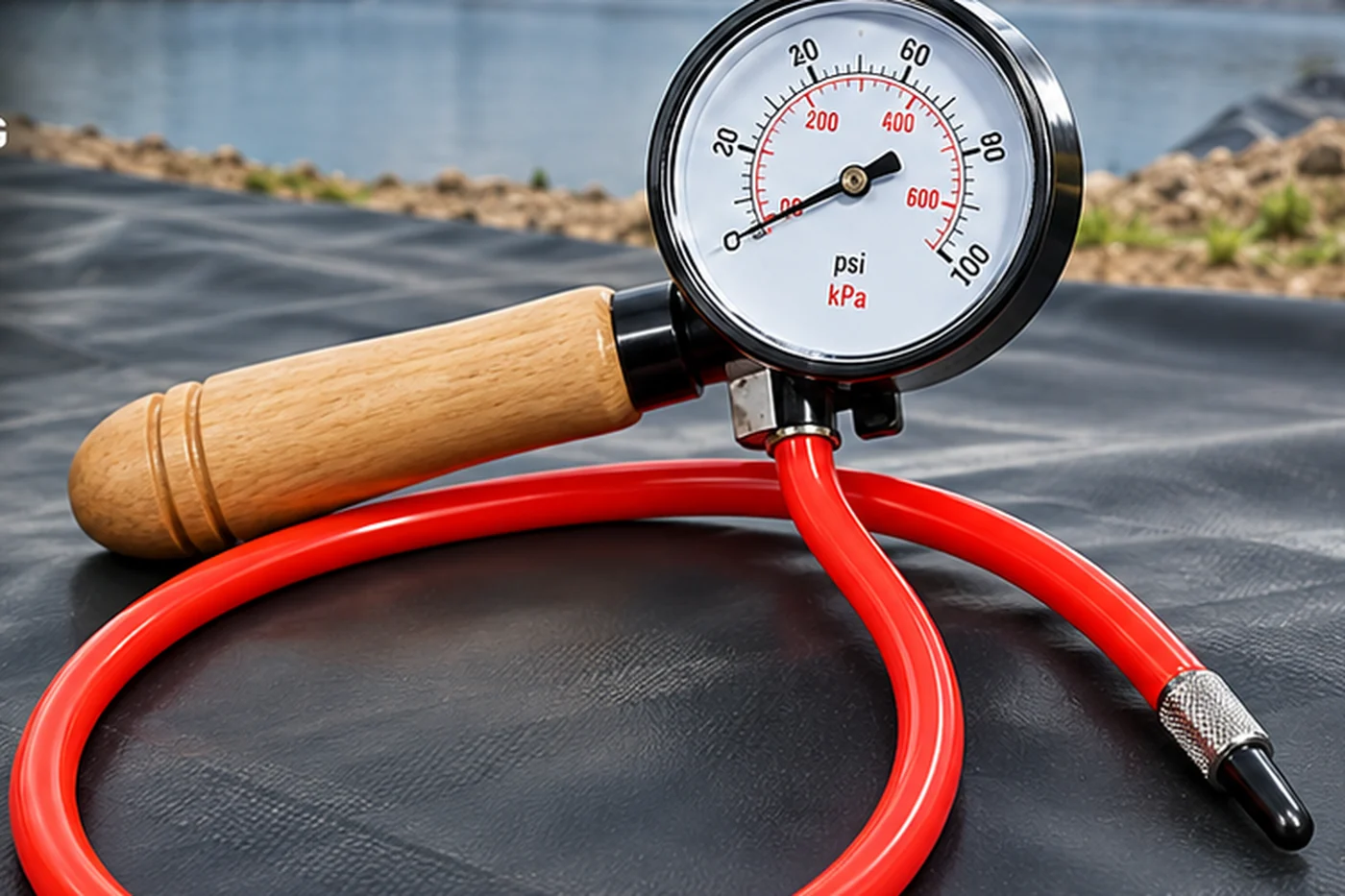 Geomembrane air pressure test kit on black HDPE liner: dual scale psi and kPa gauge, wooden handle, red flexible hose and stainless insertion needle