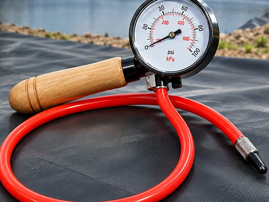 Geomembrane air pressure test kit with dual scale gauge, red hose and insertion needle resting on black HDPE liner