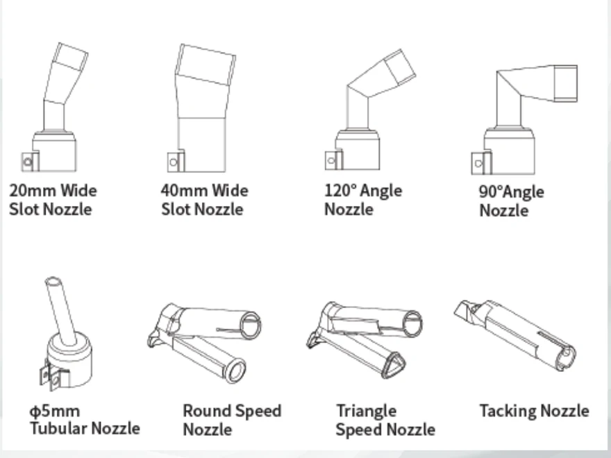 The eight IZ-1600 welding nozzles laid out: wide slot, angle, tubular, speed and tacking nozzles