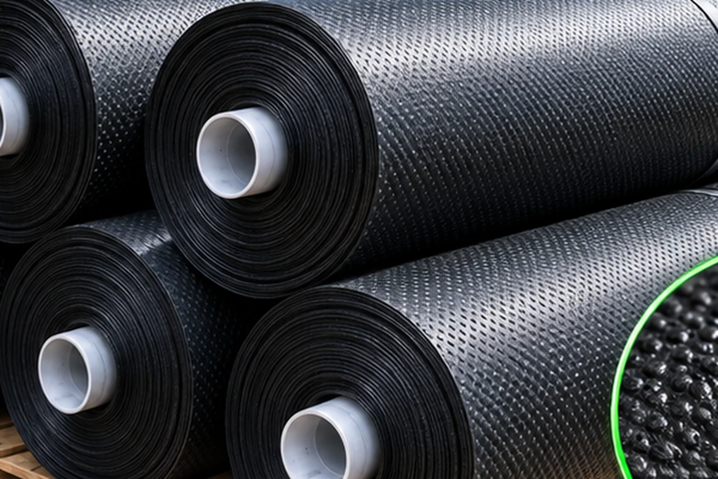 Rolls of textured black HDPE geomembrane stacked on a pallet, the raised asperity pattern visible across the sheet surface