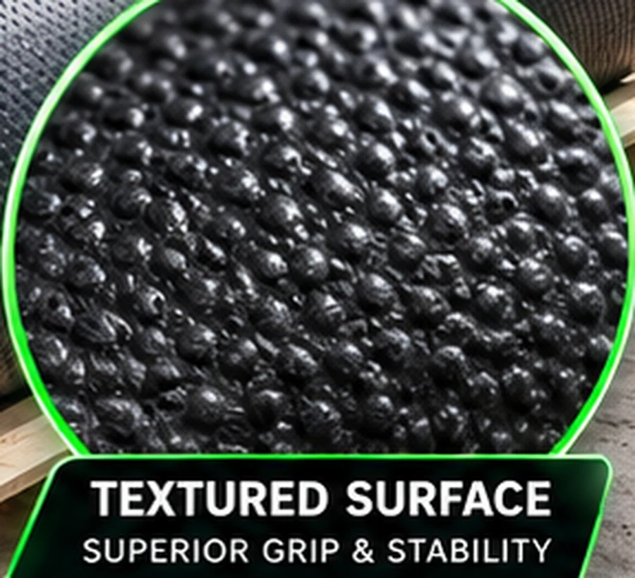Close up of a textured HDPE geomembrane surface showing the dense irregular pattern of raised asperities that create interface friction