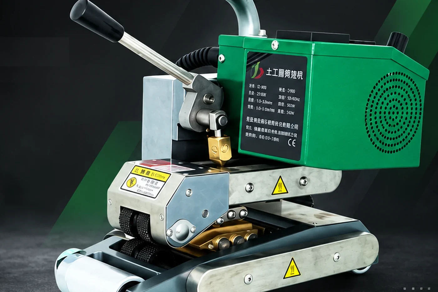 IZ-900 automatic hot wedge welding machine with green control housing, dual digital display, pressure lever, brass wedge and stainless drive rollers