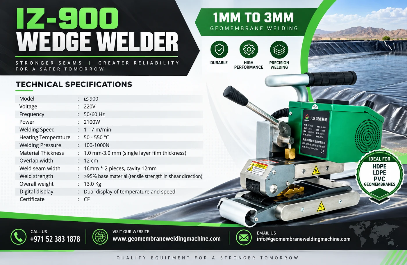 IZ-900 wedge welder manufacturer specification sheet listing voltage, power, welding speed, heating temperature, welding pressure, material thickness and weld seam width
