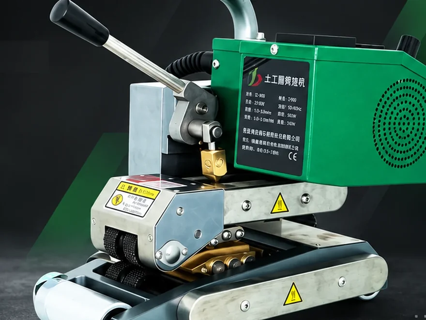 IZ-900 hot wedge welding machine sitting on black HDPE geomembrane liner, ready to run a seam