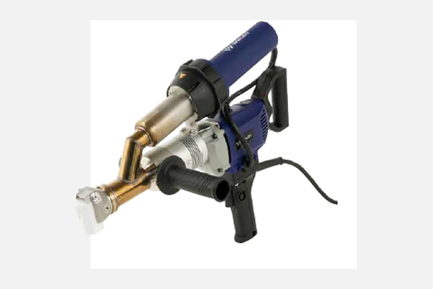 Weldy booster EX2 hand extrusion welder with blue motor housing, brass barrel, side assist handle and white PTFE welding shoe