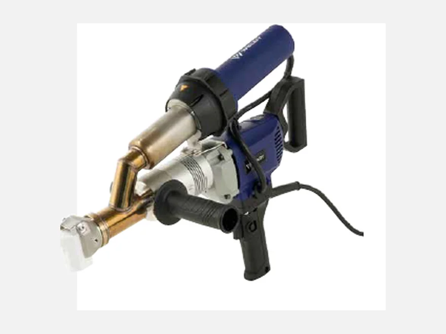 Weldy booster EX2 hand extrusion welder with blue motor housing, brass barrel, side assist handle and white PTFE welding shoe