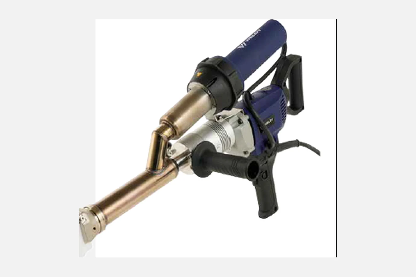 Weldy booster EX3 hand extrusion welder with blue motor housing, long brass barrel, rotary handle and white PTFE welding shoe