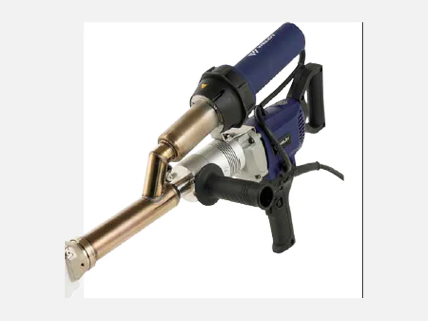 Weldy booster EX3 hand extrusion welder with blue motor housing, long brass barrel, rotary handle and white PTFE welding shoe