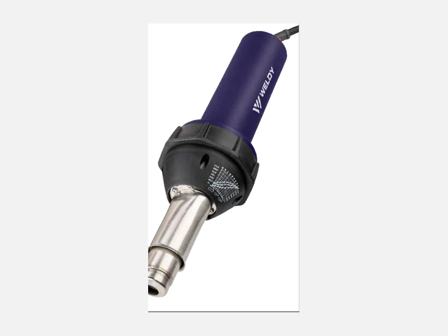 Weldy HT1600 hot air gun in dark blue with black grip collar, temperature scale and stainless steel nozzle