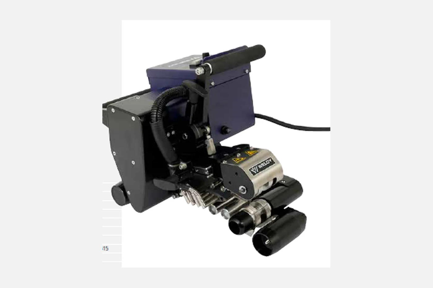 Weldy WGW 300 hot wedge welding machine in blue and black with twin control displays, operating handle, large rubber drive rollers and copper wedge