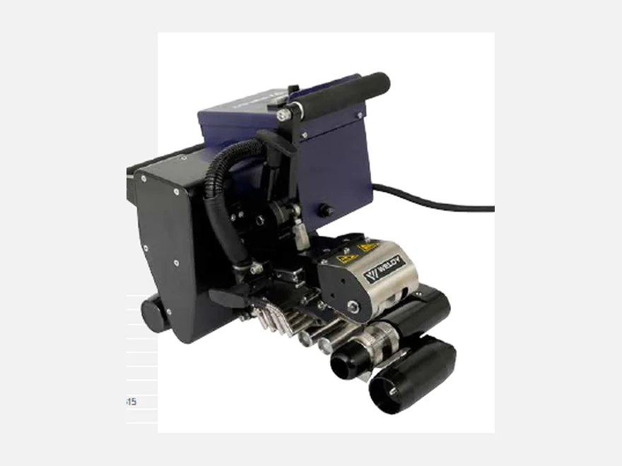 Weldy WGW 300 hot wedge welding machine in blue and black with twin control displays, operating handle, large rubber drive rollers and copper wedge